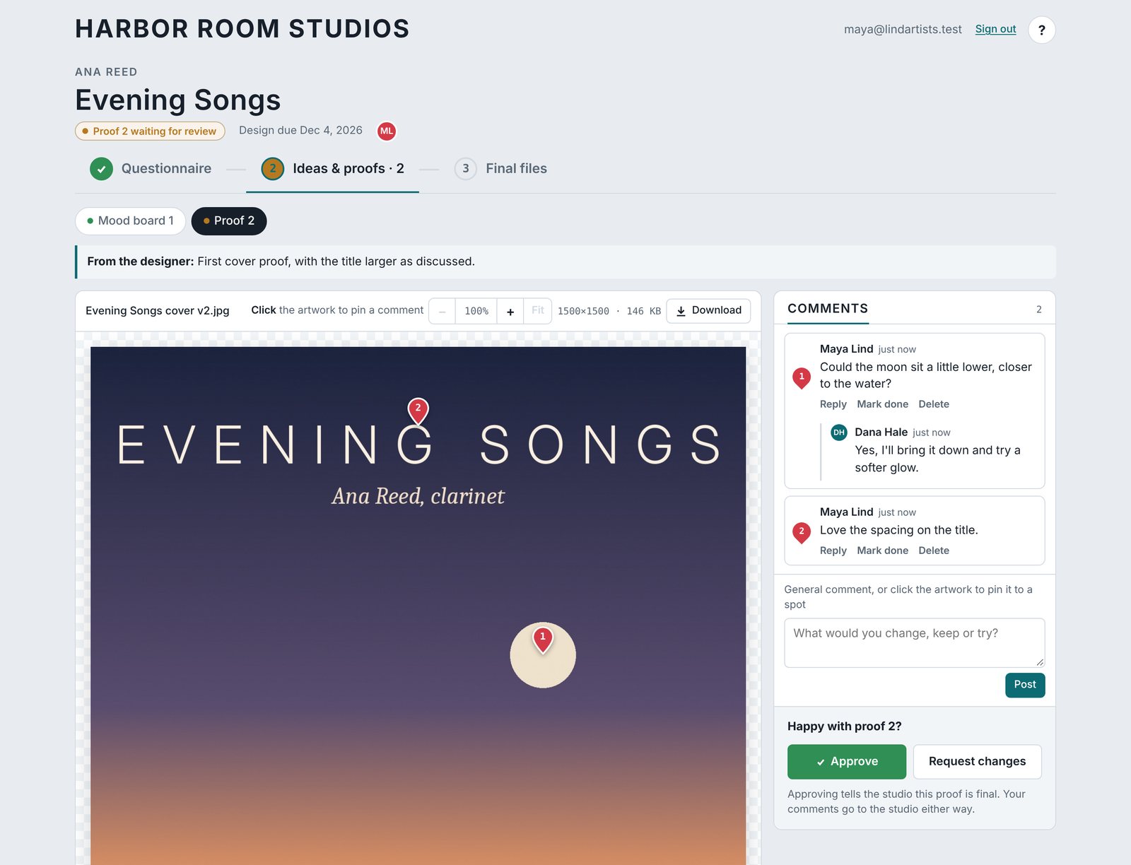 A cover proof for a demo album, with numbered pins on the artwork, the client's comments and the designer's reply beside it, and Approve and Request changes buttons