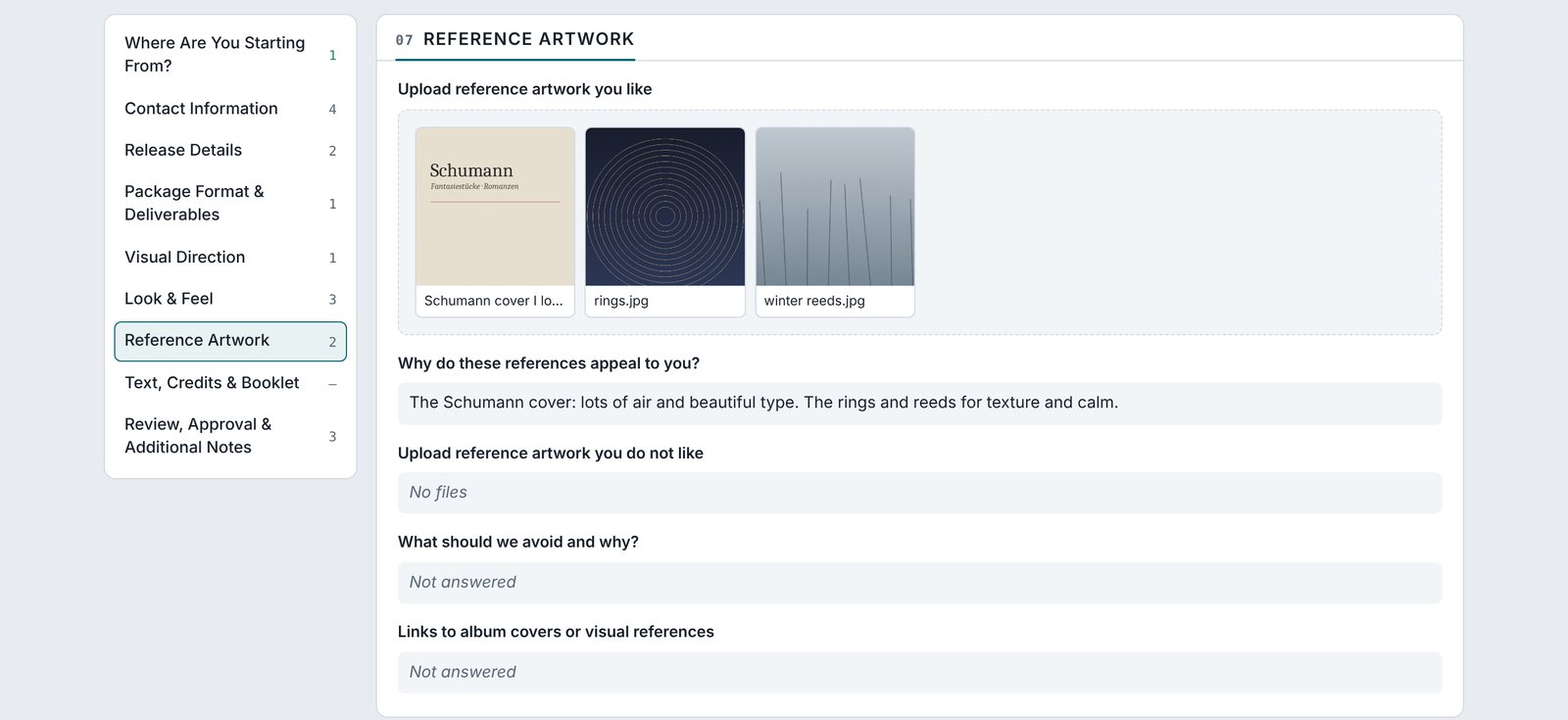 A sent questionnaire: the list of sections on the left, and the client's three reference images with why they like them